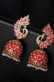Gold Plated Peacock Shaped Stone Studded Jhumka Earring