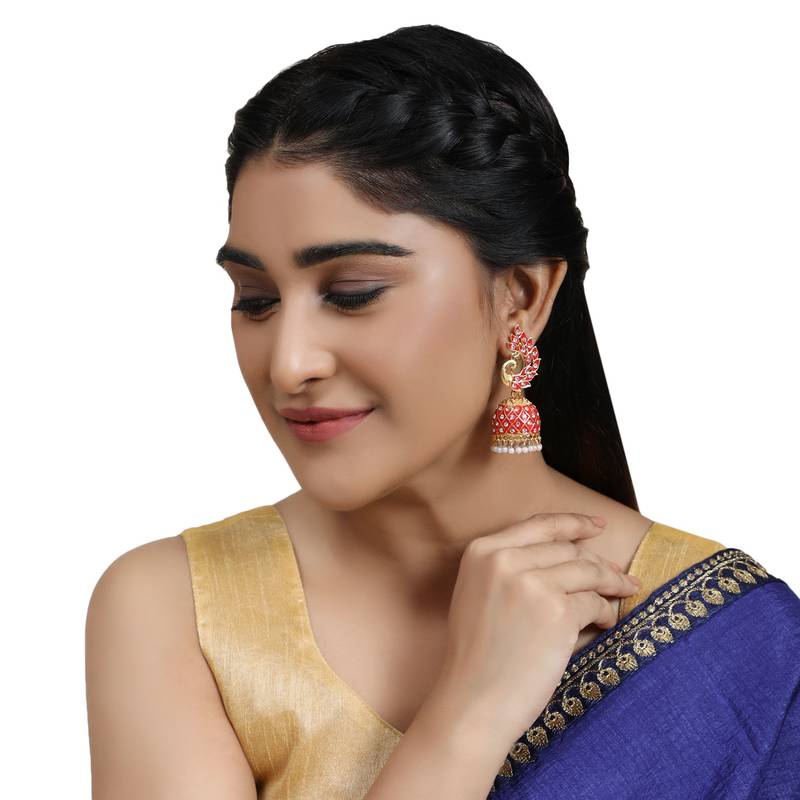 Gold Plated Peacock Shaped Stone Studded Jhumka Earring