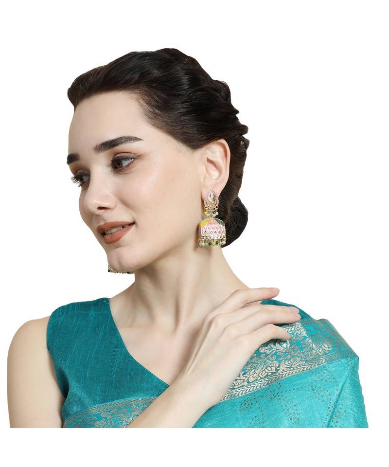 Gold Plated Enameled Multi Color Statement Jhumka Earring