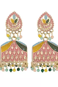 Gold Plated Enameled Multi Color Statement Jhumka Earring