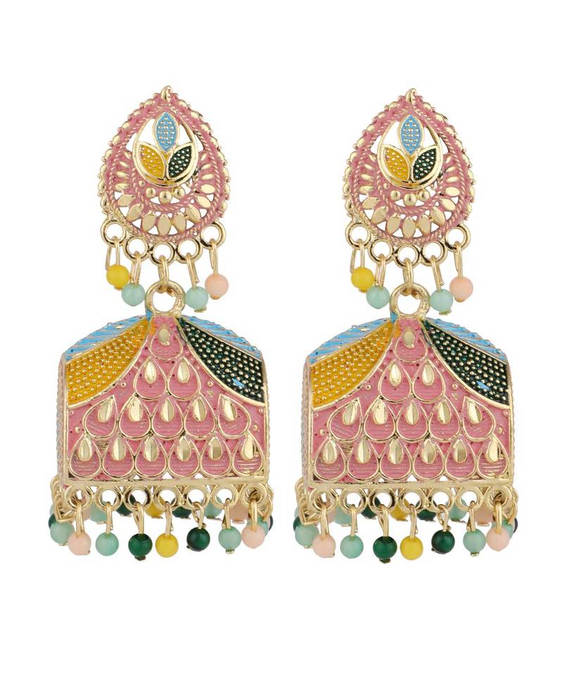 Gold Plated Enameled Multi Color Statement Jhumka Earring