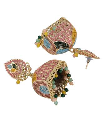 Gold Plated Enameled Multi Color Statement Jhumka Earring 4