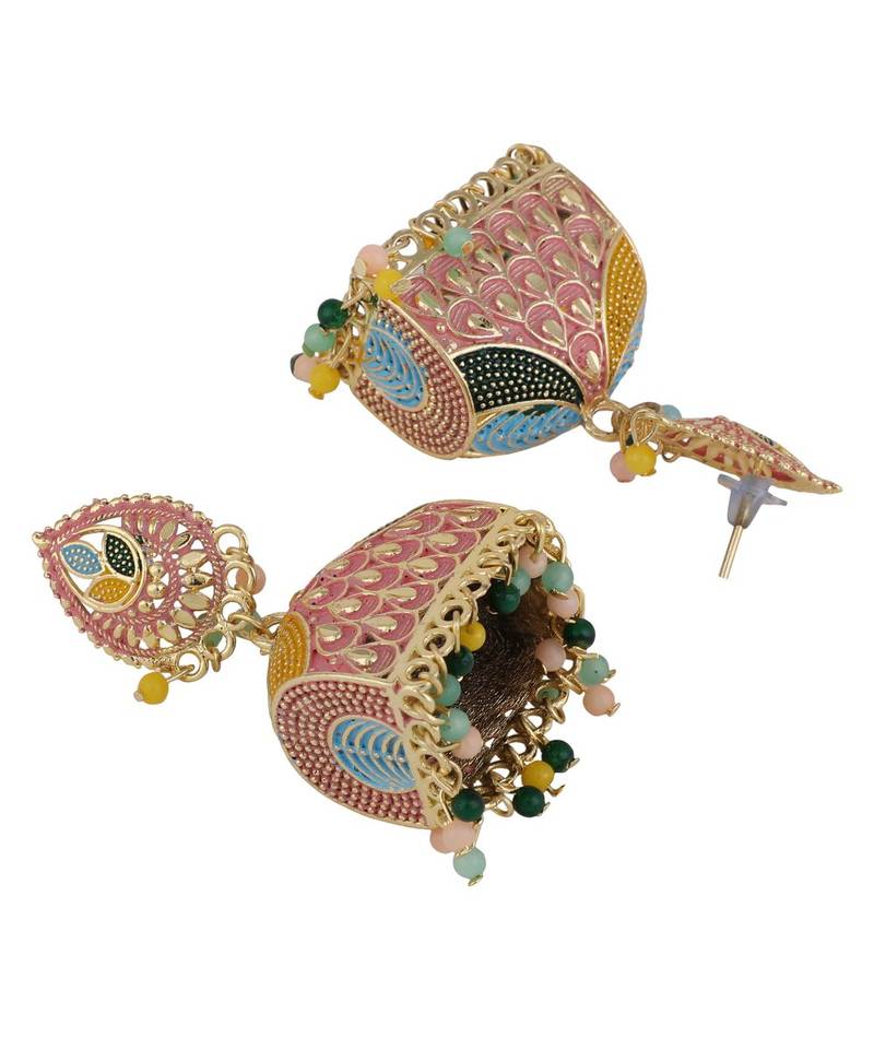 Gold Plated Enameled Multi Color Statement Jhumka Earring