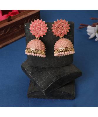 Classic Pink Enameled Stone Studded Jhumka Earring 1