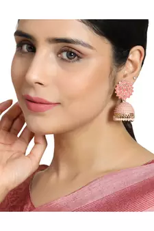 Classic Pink Enameled Stone Studded Jhumka Earring