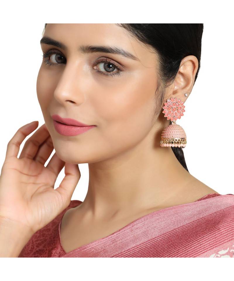 Classic Pink Enameled Stone Studded Jhumka Earring