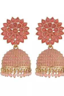 Classic Pink Enameled Stone Studded Jhumka Earring