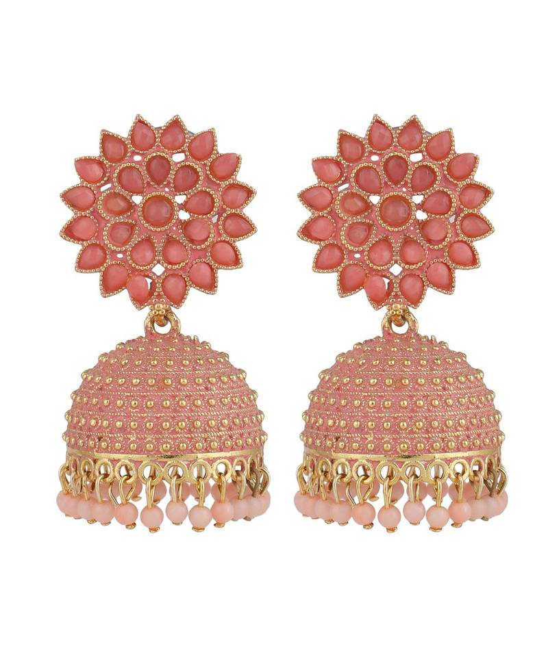 Classic Pink Enameled Stone Studded Jhumka Earring