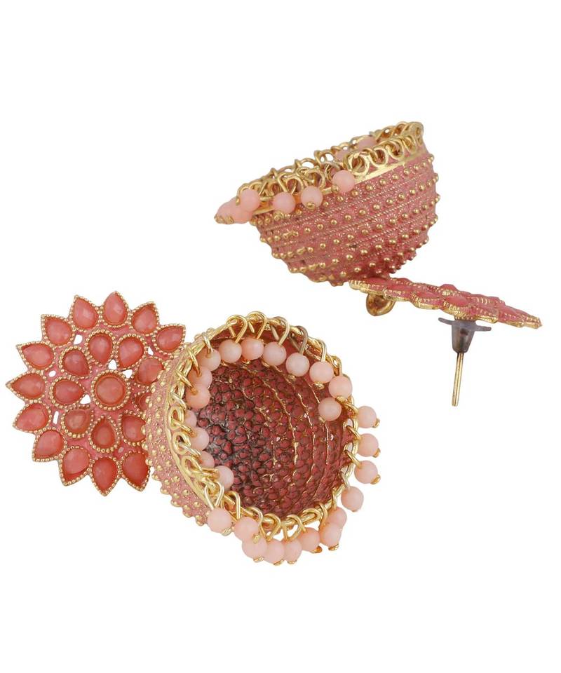 Classic Pink Enameled Stone Studded Jhumka Earring