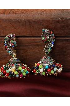 Maharashtran Nath Shaped Multicolor Stone and Pearl Jhumka Earring