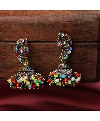 Maharashtran Nath Shaped Multicolor Stone and Pearl Jhumka Earring 1