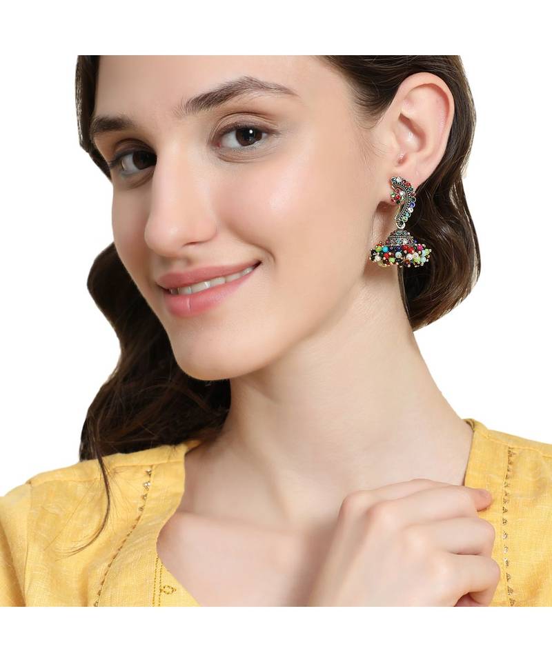 Maharashtran Nath Shaped Multicolor Stone and Pearl Jhumka Earring