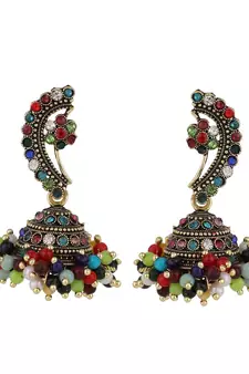 Maharashtran Nath Shaped Multicolor Stone and Pearl Jhumka Earring