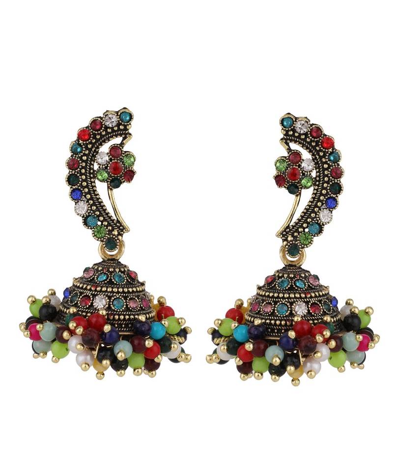 Maharashtran Nath Shaped Multicolor Stone and Pearl Jhumka Earring