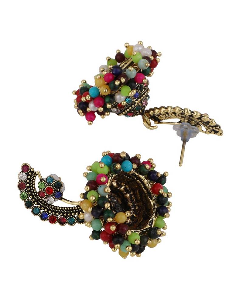 Maharashtran Nath Shaped Multicolor Stone and Pearl Jhumka Earring