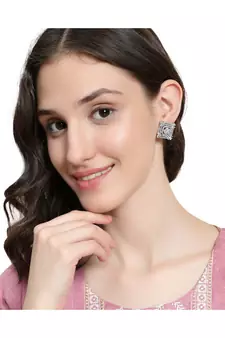 American Diamond Statement Silver Square shaped Stud Earring