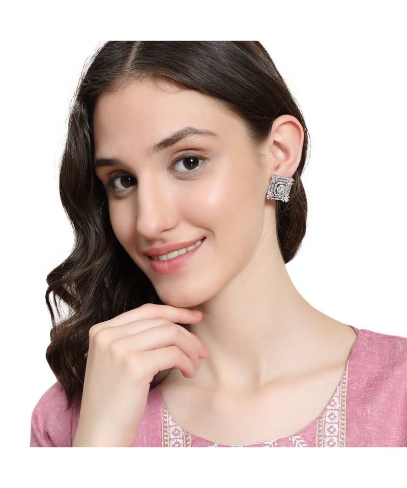 American Diamond Statement Silver Square shaped Stud Earring