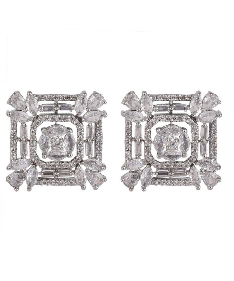 American Diamond Statement Silver Square shaped Stud Earring