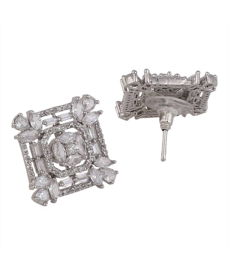 American Diamond Statement Silver Square shaped Stud Earring