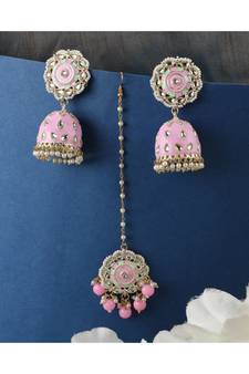 Statement Gold Plated Enameled Pink Color Kundan and Pearl Studded Maangtika and Jhumka Earring Set