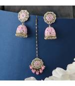 Statement Gold Plated Enameled Pink Color Kundan and Pearl Studded Maangtika and Jhumka Earring Set