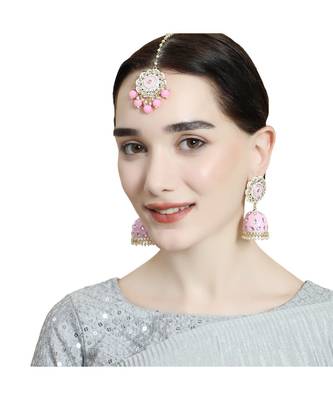 Statement Gold Plated Enameled Pink Color Kundan and Pearl Studded Maangtika and Jhumka Earring Set 2