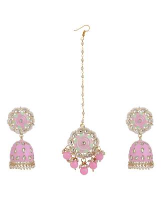 Statement Gold Plated Enameled Pink Color Kundan and Pearl Studded Maangtika and Jhumka Earring Set 3