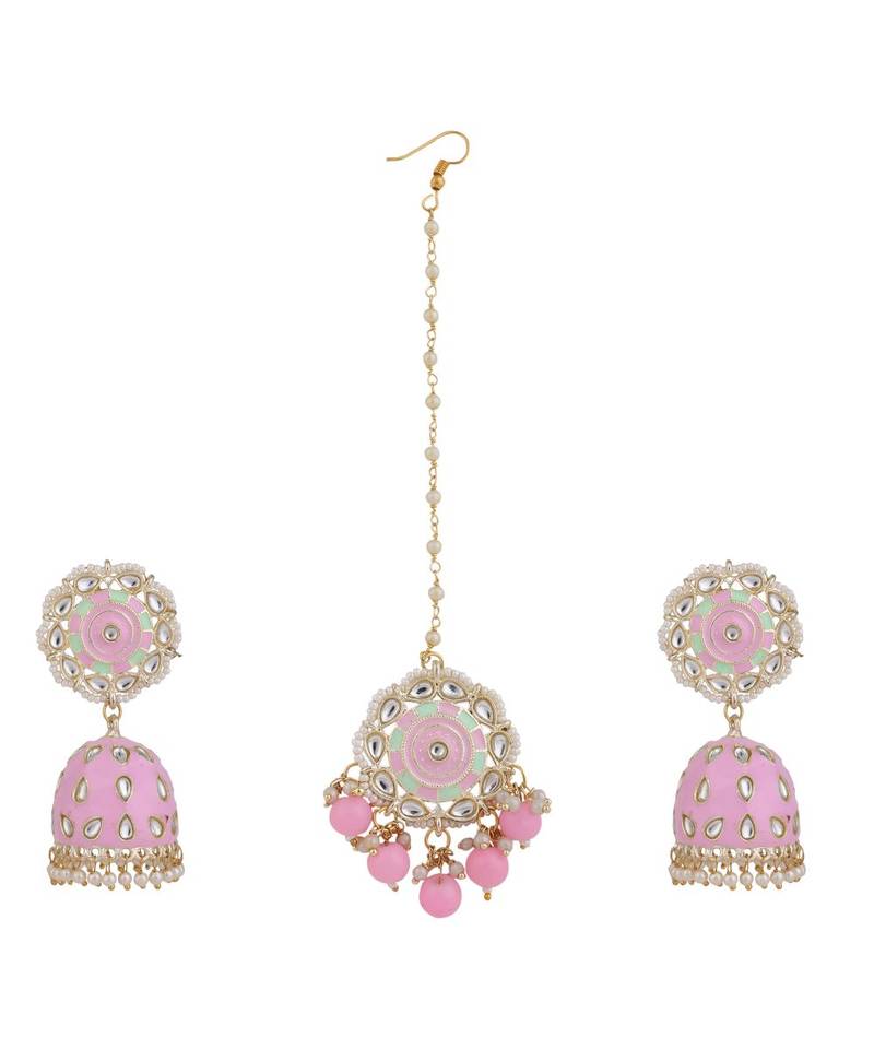 Statement Gold Plated Enameled Pink Color Kundan and Pearl Studded Maangtika and Jhumka Earring Set