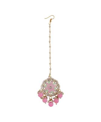 Statement Gold Plated Enameled Pink Color Kundan and Pearl Studded Maangtika and Jhumka Earring Set 4