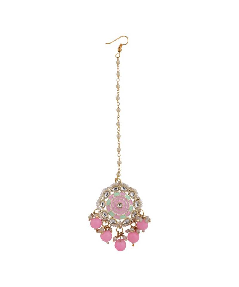 Statement Gold Plated Enameled Pink Color Kundan and Pearl Studded Maangtika and Jhumka Earring Set