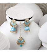 Enameled Pink Color Gold Plated Kundan and Pearl Studded Maangtika and Jhumka Earring