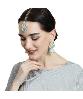 Enameled Pink Color Gold Plated Kundan and Pearl Studded Maangtika and Jhumka Earring 2