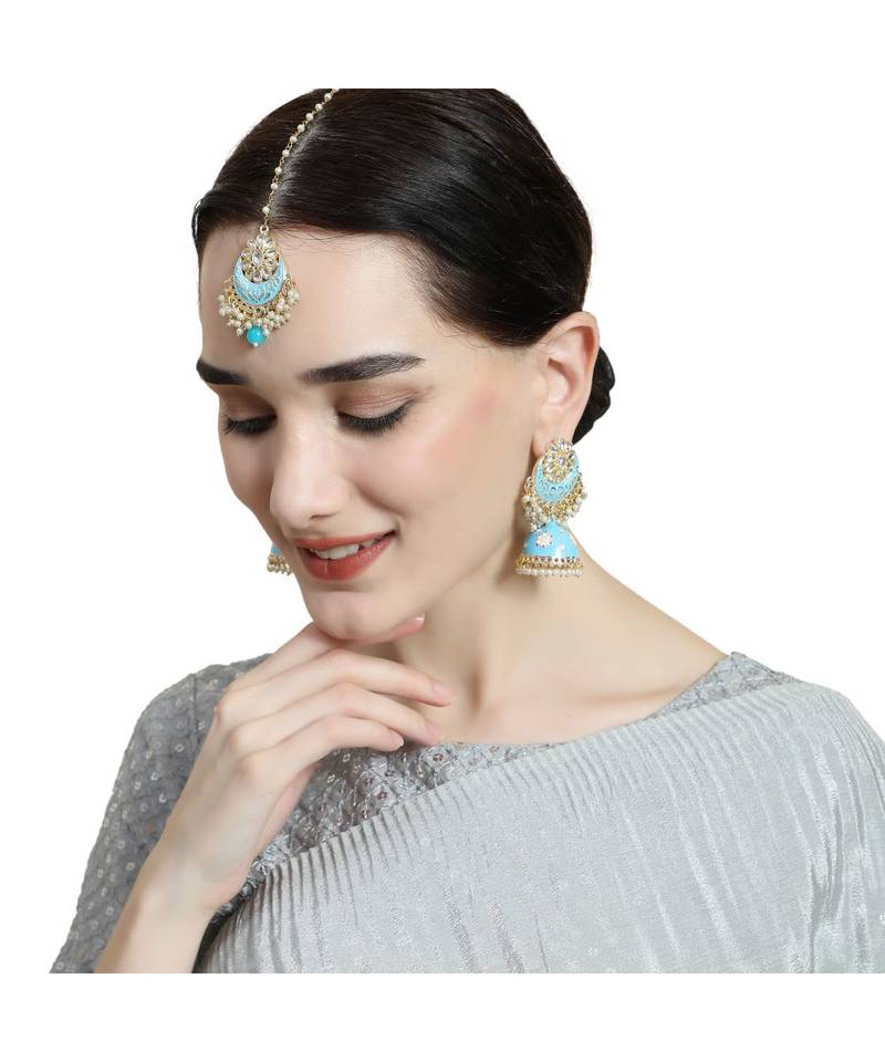 Enameled Pink Color Gold Plated Kundan and Pearl Studded Maangtika and Jhumka Earring