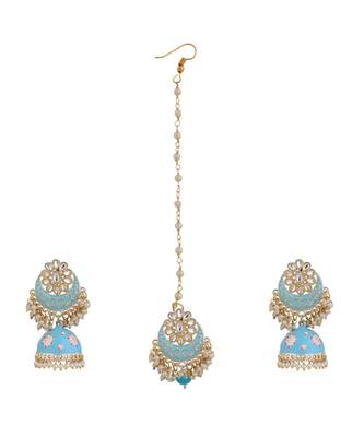 Enameled Pink Color Gold Plated Kundan and Pearl Studded Maangtika and Jhumka Earring 3