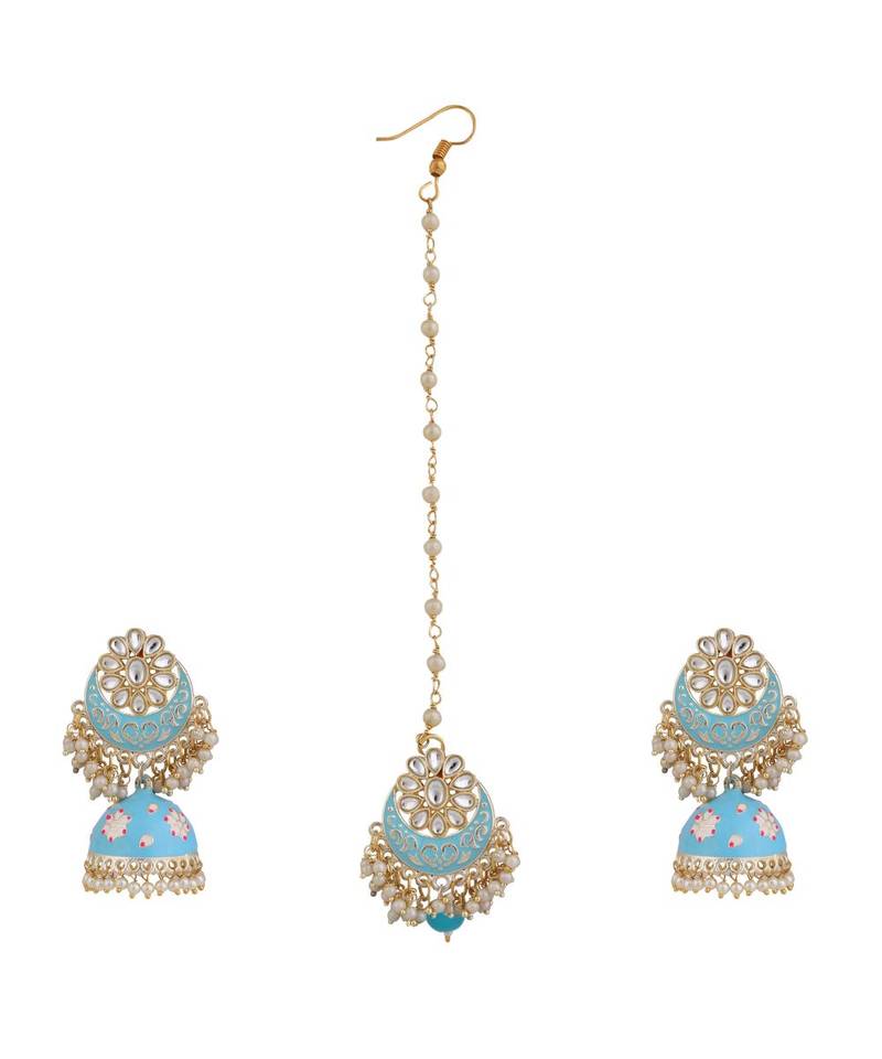 Enameled Pink Color Gold Plated Kundan and Pearl Studded Maangtika and Jhumka Earring