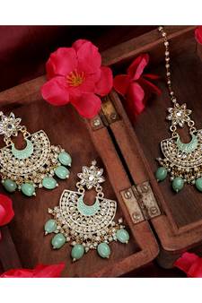 Gold Plated Kundan and Pearl Studded Chandbali Maang-tikka and Earring