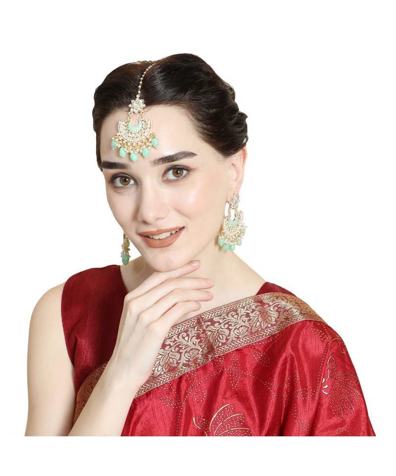 Gold Plated Kundan and Pearl Studded Chandbali Maang-tikka and Earring