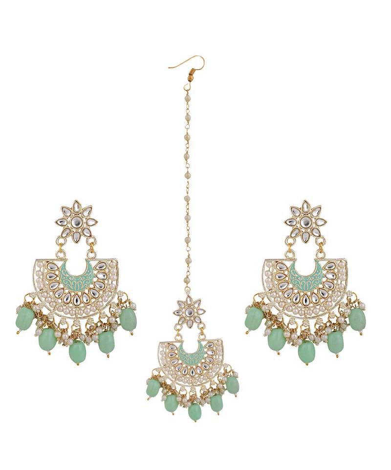 Gold Plated Kundan and Pearl Studded Chandbali Maang-tikka and Earring