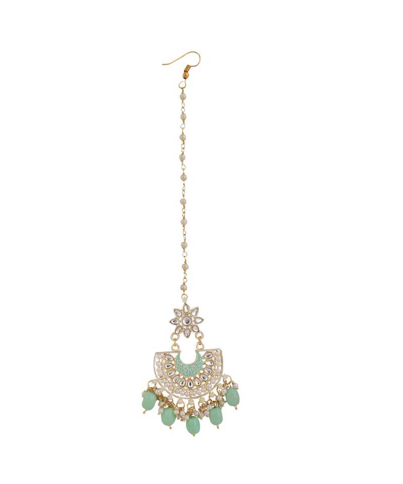 Gold Plated Kundan and Pearl Studded Chandbali Maang-tikka and Earring