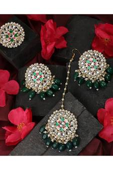 Gold Plated Round shape Kundan and Pearl Studded Maang-tikka,Earrings and Ring