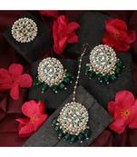 Gold Plated Round shape Kundan and Pearl Studded Maang-tikka,Earrings and Ring