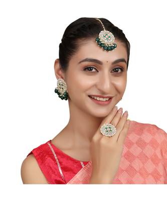 Gold Plated Round shape Kundan and Pearl Studded Maang-tikka,Earrings and Ring 2