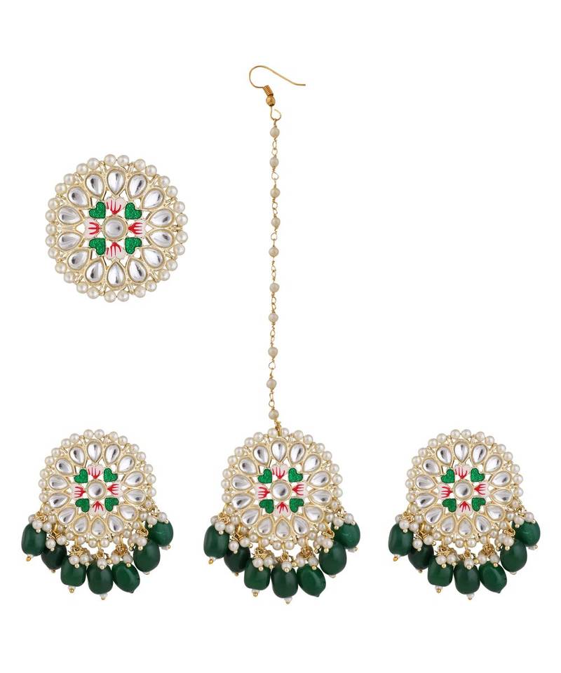 Gold Plated Round shape Kundan and Pearl Studded Maang-tikka,Earrings and Ring
