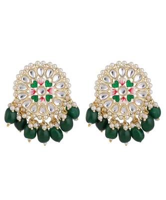 Gold Plated Round shape Kundan and Pearl Studded Maang-tikka,Earrings and Ring 4