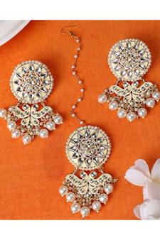 Gold Plated Kundan and Pearl Stuuded Maang-tikka and Earring