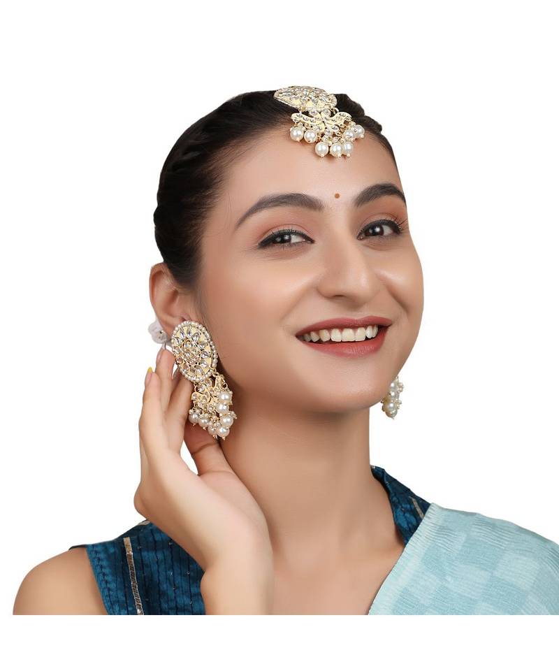 Gold Plated Kundan and Pearl Stuuded Maang-tikka and Earring