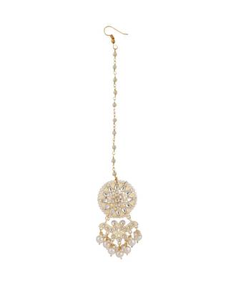 Gold Plated Kundan and Pearl Stuuded Maang-tikka and Earring 4