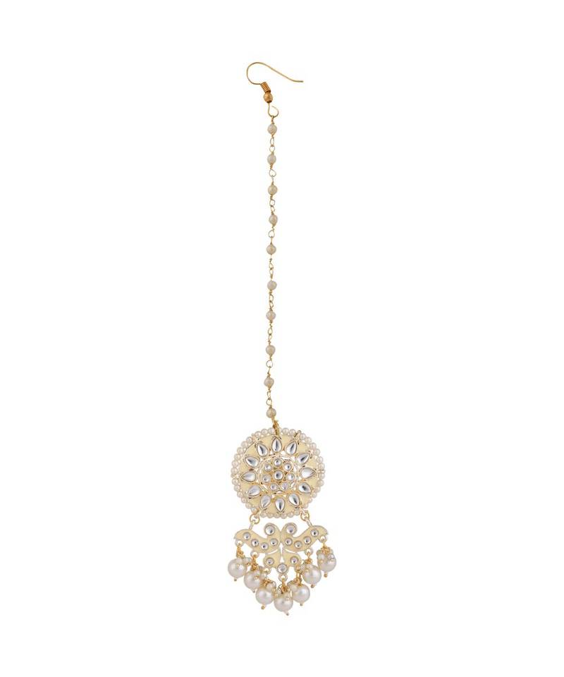 Gold Plated Kundan and Pearl Stuuded Maang-tikka and Earring