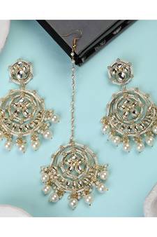 Gold Plated Kundan and Pearl Studded Chandbali Maang-tikka and Jhumka Earring