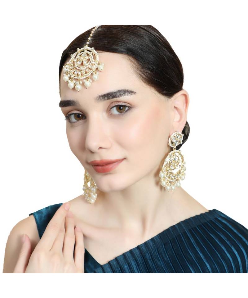 Gold Plated Kundan and Pearl Studded Chandbali Maang-tikka and Jhumka Earring